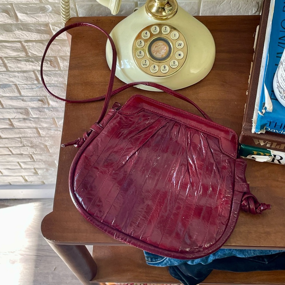 Vintage 1980s Burgundy Red Eel Leather Crossbody Bag - Picture 2 of 14